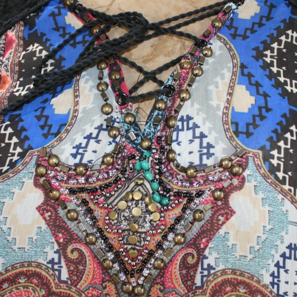 V CHRISTINA Blouse Sheer Mixed Print Long Sleeve Beaded Yoke Lace Up Boho Large - Picture 2 of 15